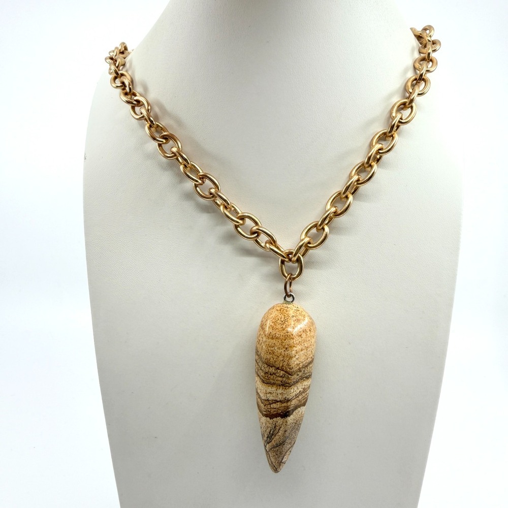 Vintage Chunky Gold Tone Chain Jasper Natural Stone Teardrop Pendant Necklace